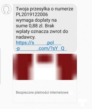 Przykładowa wiadomość SMS od oszusta z prośba o dopłatę
