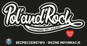 Logo 27. Pol’and’Rock Festival z napisem &quot;Bezpieczeństwo - Ważne informacje&quot;